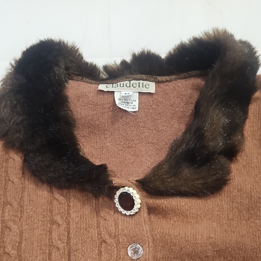 Vintage Claudette Cashmere Brown Cardigan with Faux Fur Trim size Medium - Picture 3 of 11